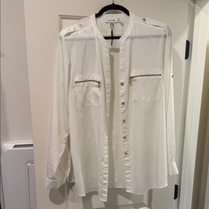 Calvin Klein Cream Long Sleeve Shirt with Zipper Pockets